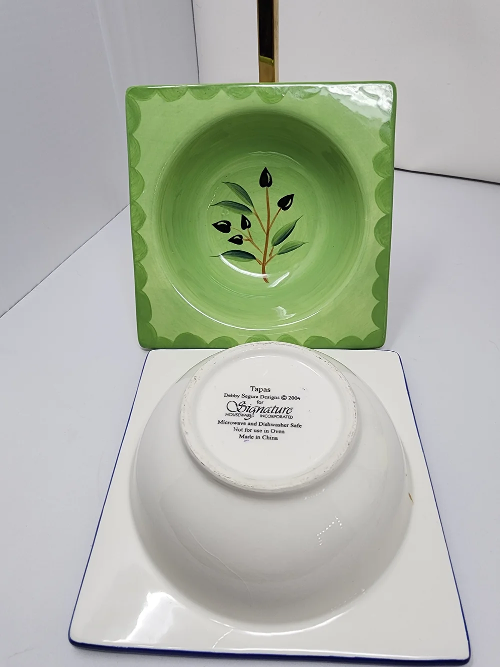 Signature Lime Green Square Ceramic Tapas Bowl with Leaf Design